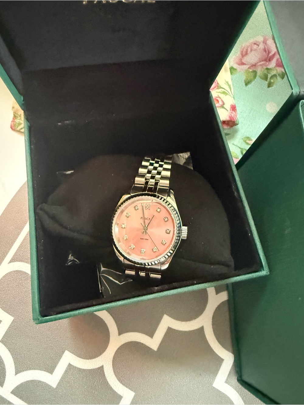 Silver Watch with Pink Dial and Crystal Markers Pascal - Picture 2 of 9